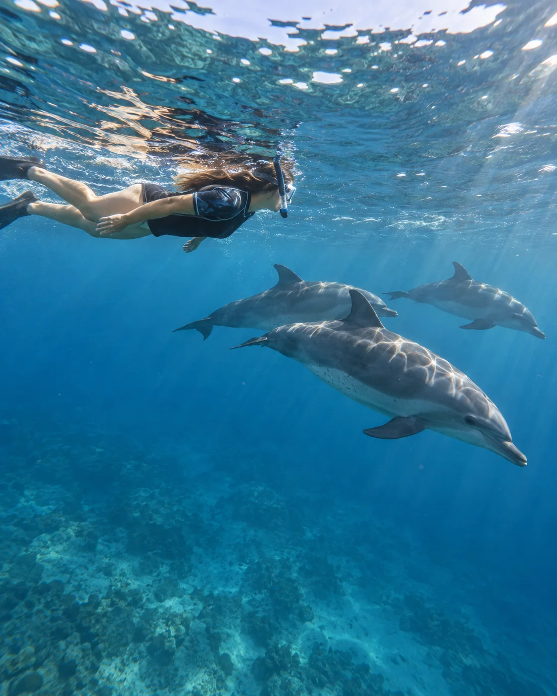 A woman snorkeling alongside three spotted dolphins in clear blue water