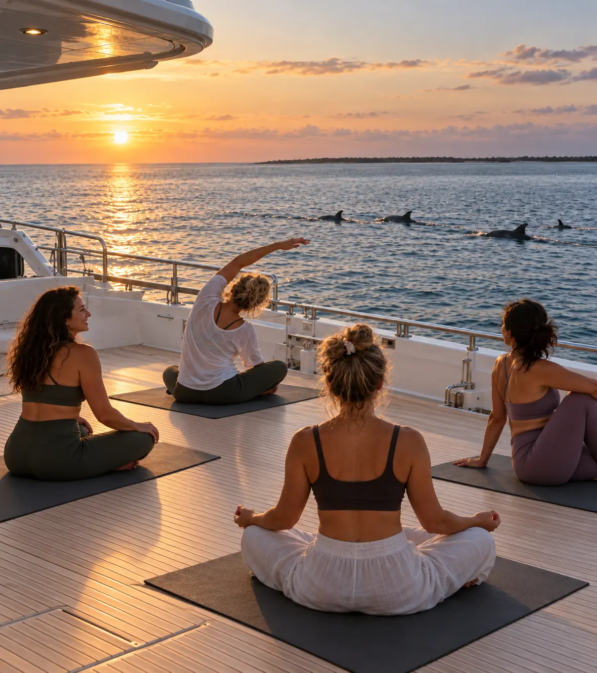 Women doing gentle yoga on the yacht's deck